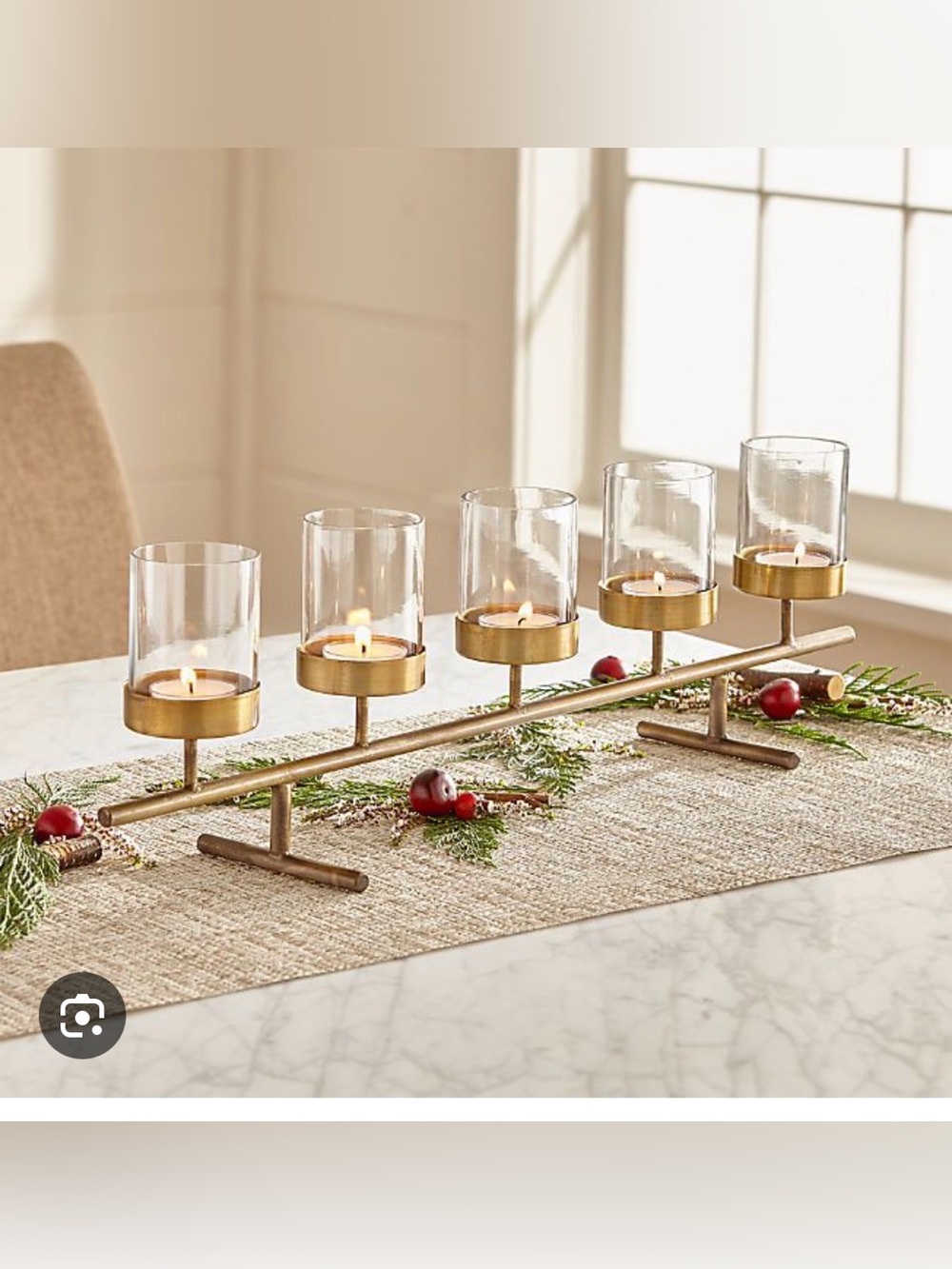 Crate&Barrel Brass Five-Votive Candle Holder with Glass Cups